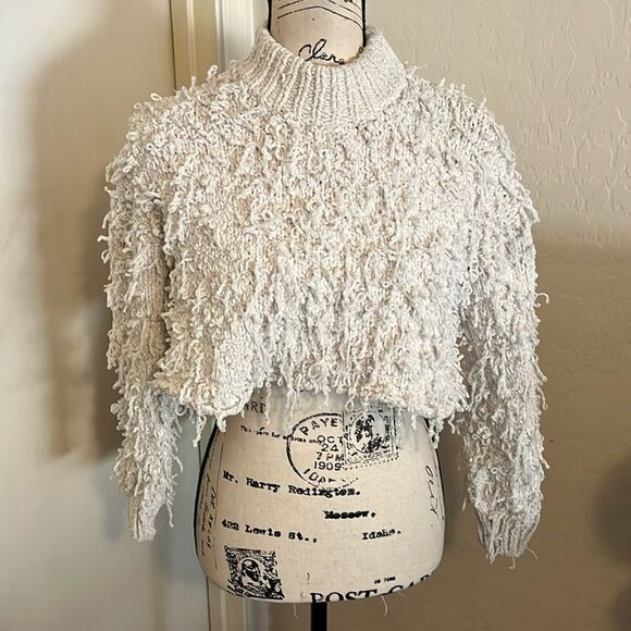 Urban Outfitters Off White Shaggy Cropped Mock Neck Pullover Sweater Boho - Picture 1 of 9